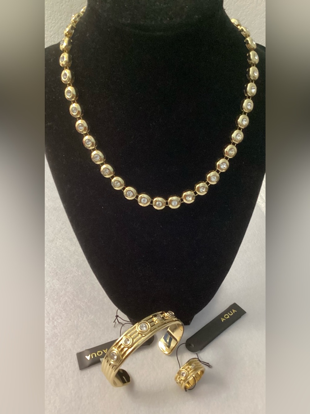 Aqua Gold-Tone Crystal Station Necklace with Matching Cuff Bracelet & Ring